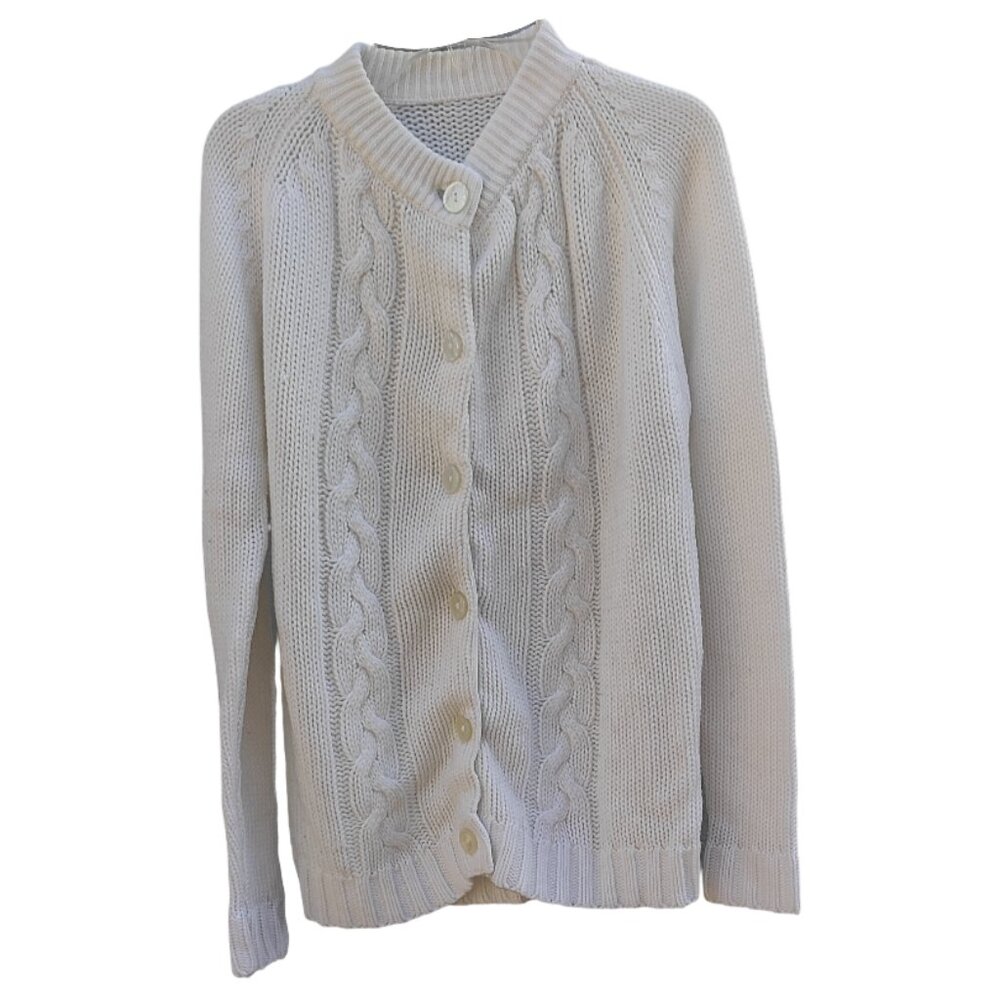 Vintage White Cardigan Sweater Granny Cable Knit Button Front Size Medium/Large